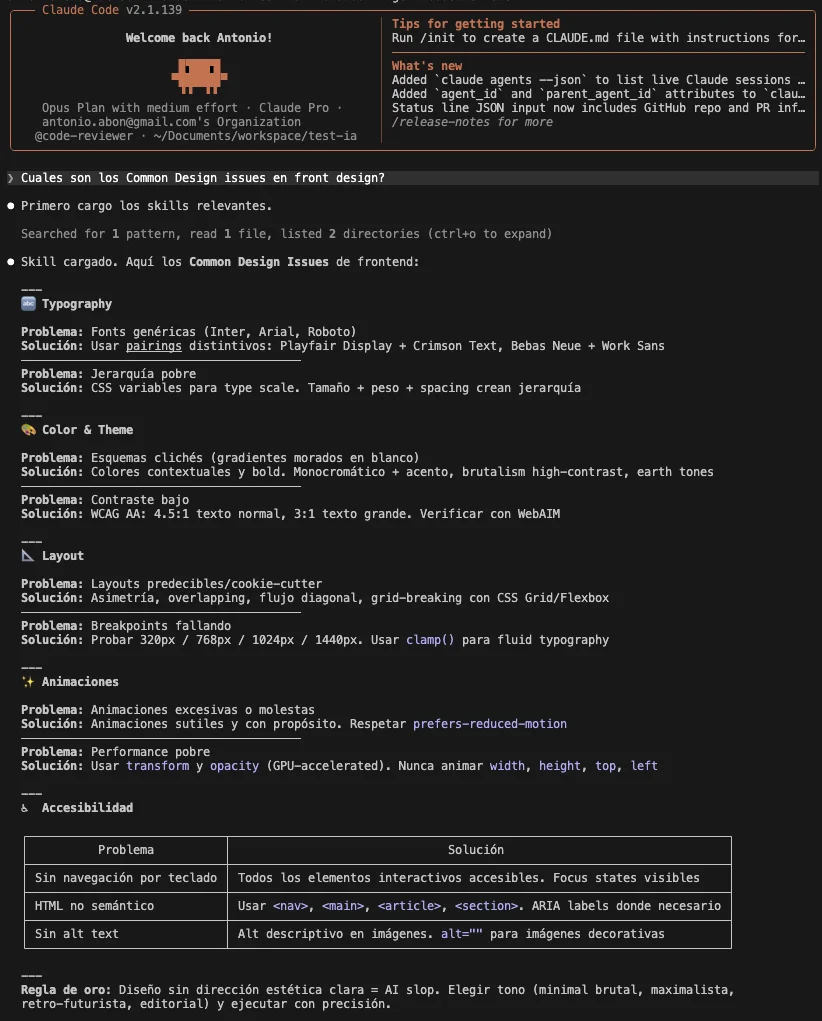 Claude respondiendo con la información de la skill frontend-design
