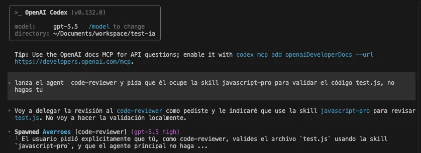 Codex lanzando el subagente code-reviewer