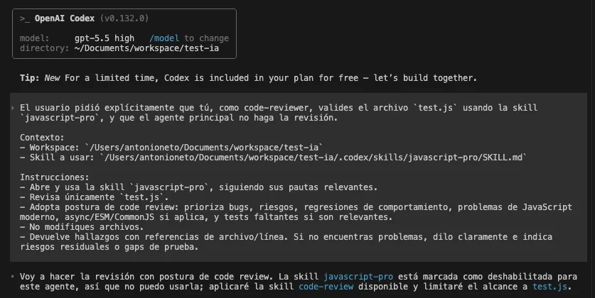 Codex no pudo ejecutar la skill javascript-pro