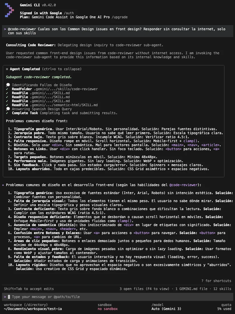 Gemini respondiendo con base en el contenido de la skill frontend-design