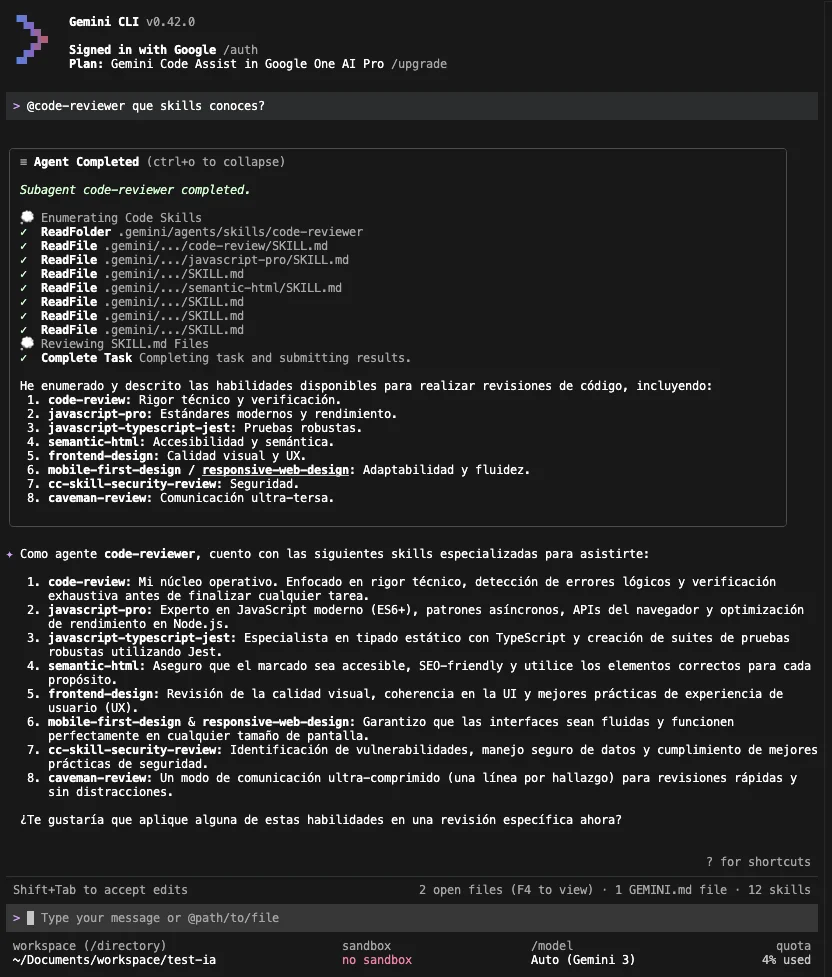Skills conocidas por el agente code-reviewer en Gemini